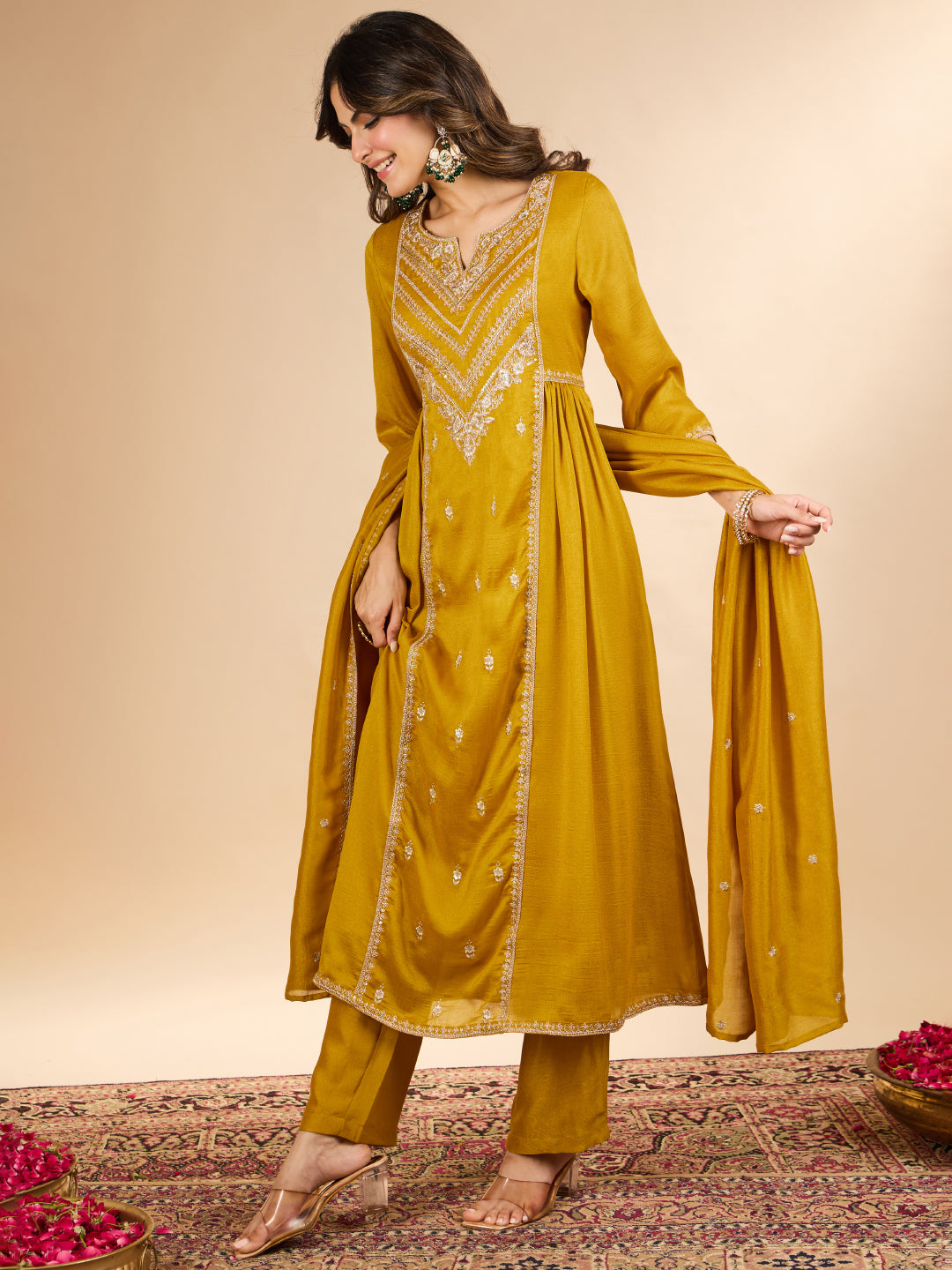 Janasya Women's Mustard Yellow Silk Blend Floral Embroidered A-Line Kurta Set