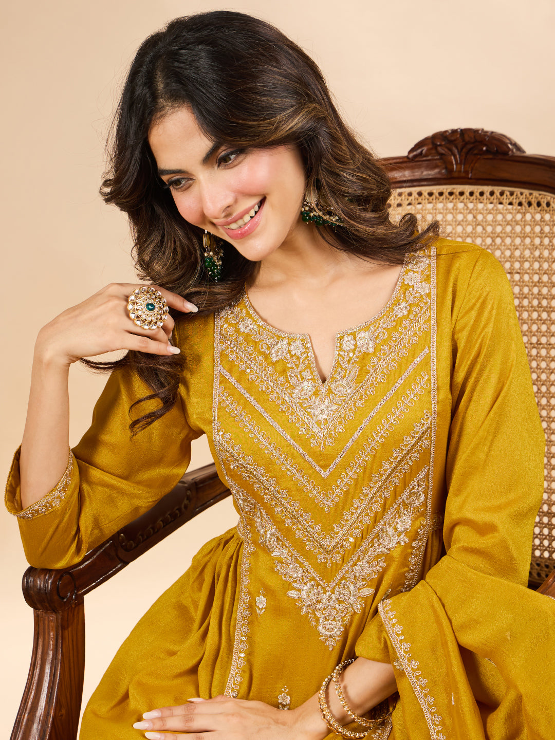 Janasya Women's Mustard Yellow Silk Blend Floral Embroidered A-Line Kurta Set