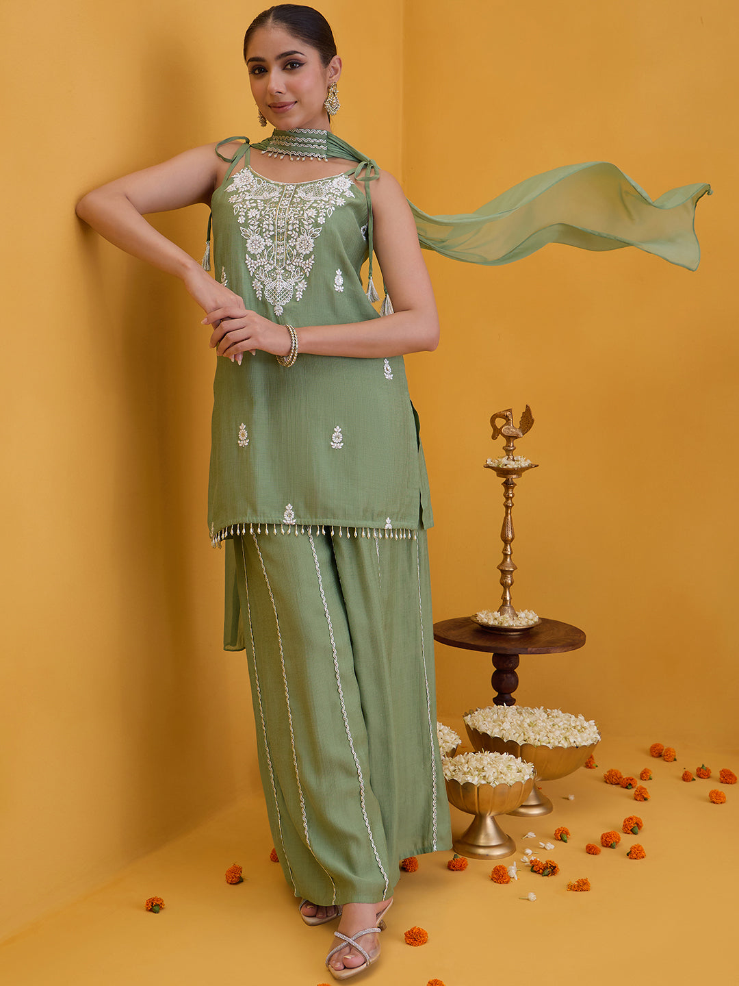 Janasya Women's Sage Green Silk Blend Floral Embroidered Straight Kurta with Palazzo and Choker Dupatta Set