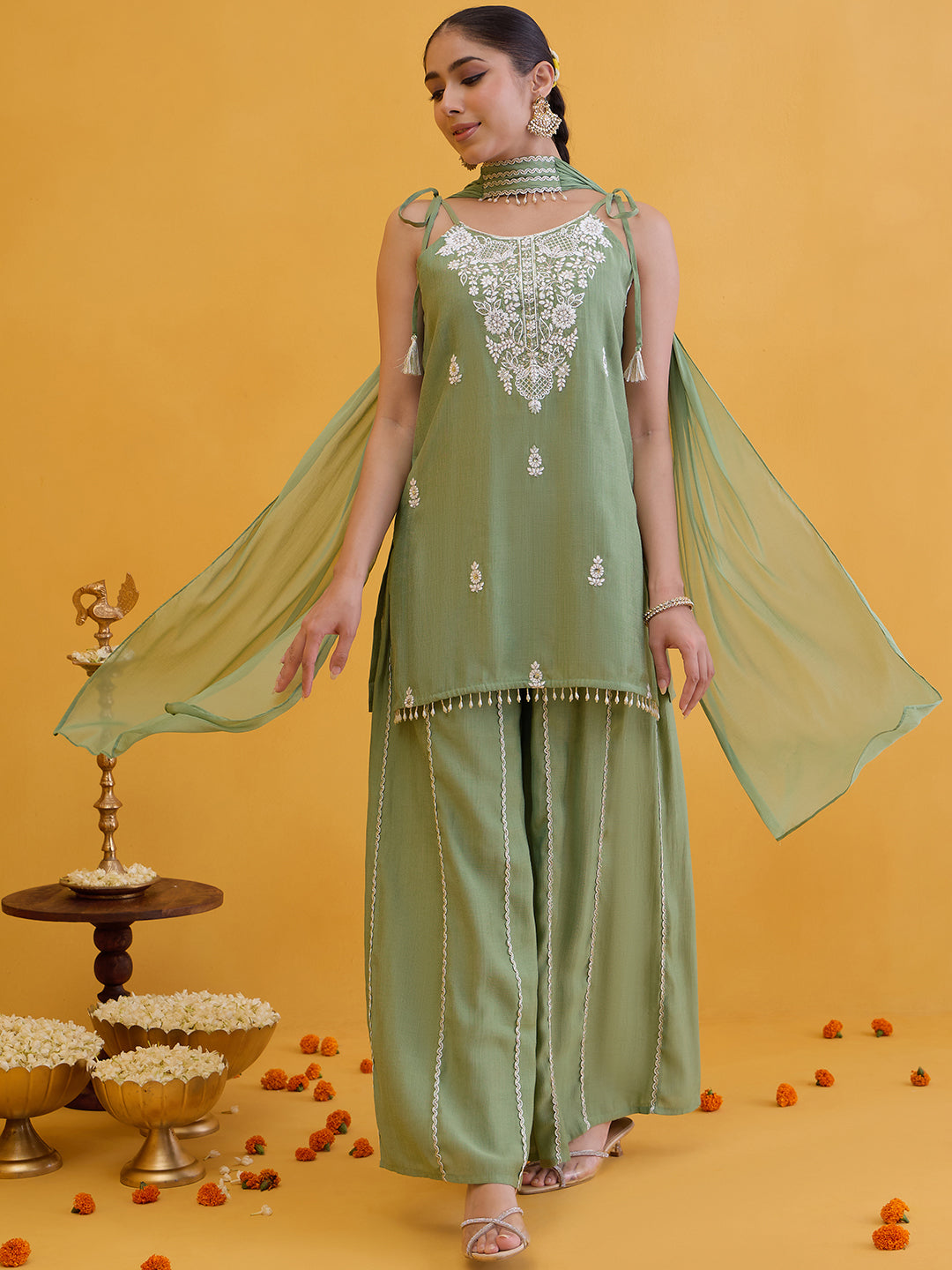 Janasya Women's Sage Green Silk Blend Floral Embroidered Straight Kurta with Palazzo and Choker Dupatta Set