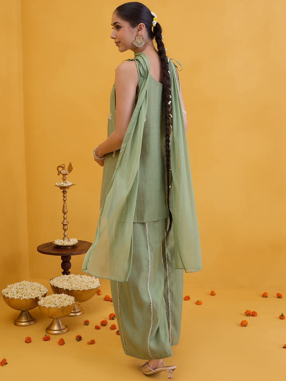 Janasya Women's Sage Green Silk Blend Floral Embroidered Straight Kurta with Palazzo and Choker Dupatta Set