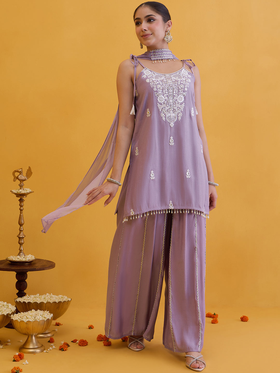 Janasya Women's Lavender Silk Blend Floral Embroidered Straight Kurta with Sharara and Choker Dupatta Set