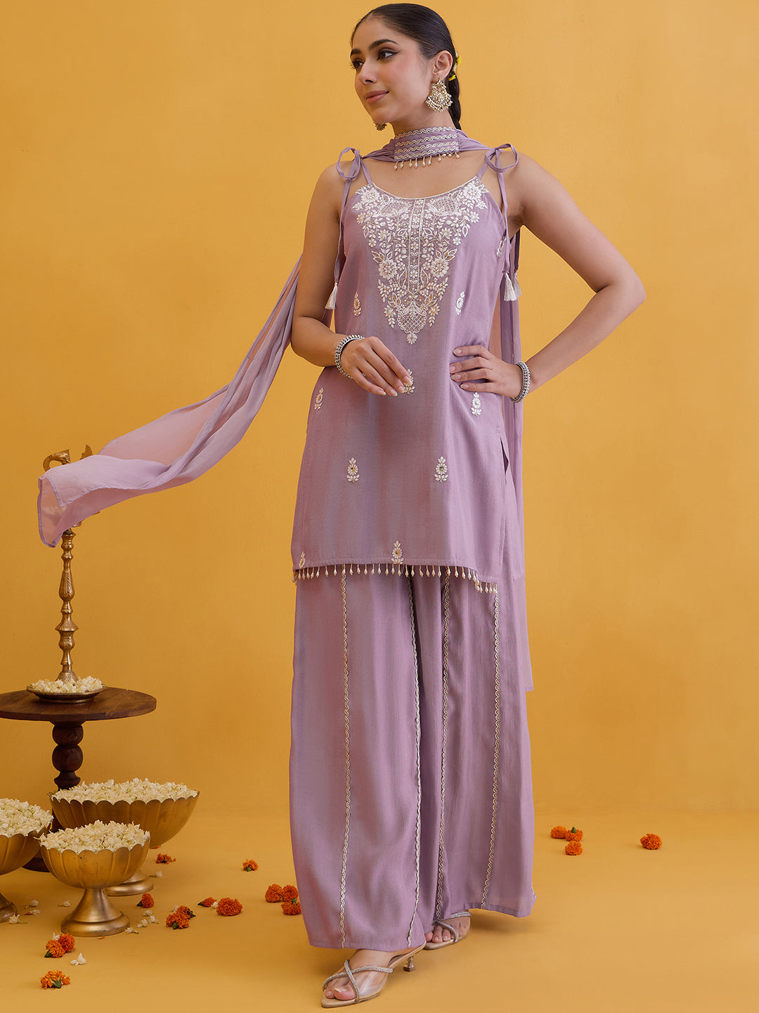 Janasya Women's Lavender Silk Blend Floral Embroidered Straight Kurta with Sharara and Choker Dupatta Set