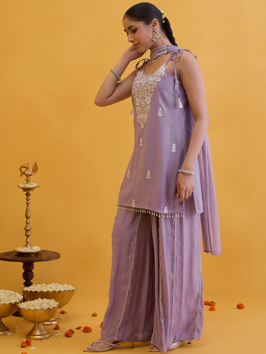 Janasya Women's Lavender Silk Blend Floral Embroidered Straight Kurta with Sharara and Choker Dupatta Set