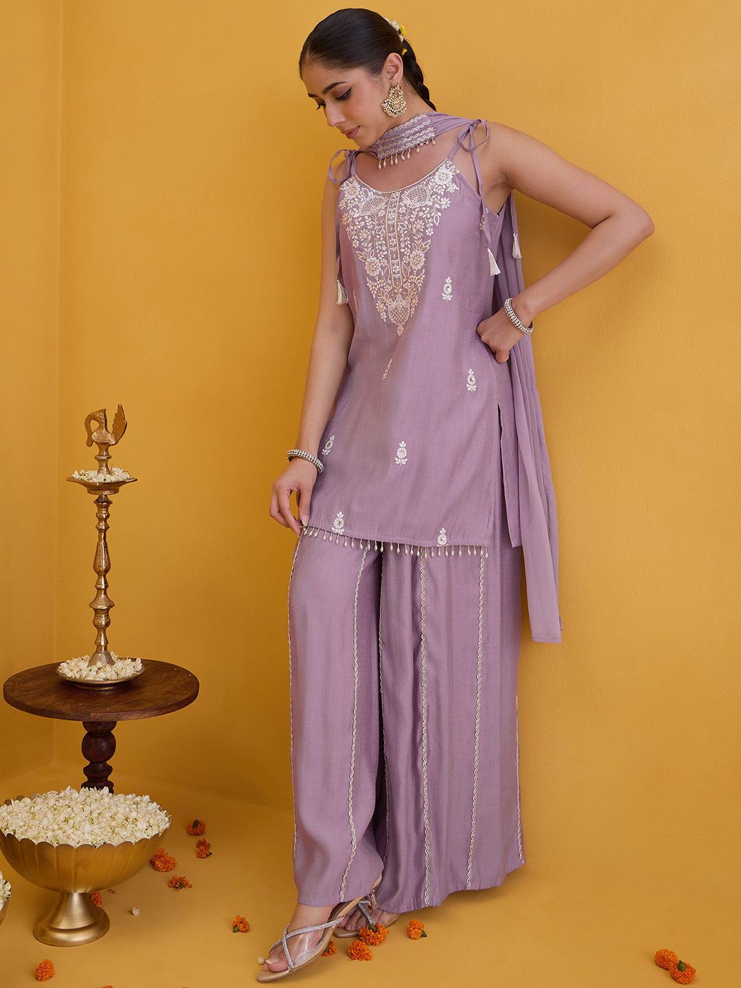 Janasya Women's Lavender Silk Blend Floral Embroidered Straight Kurta with Sharara and Choker Dupatta Set