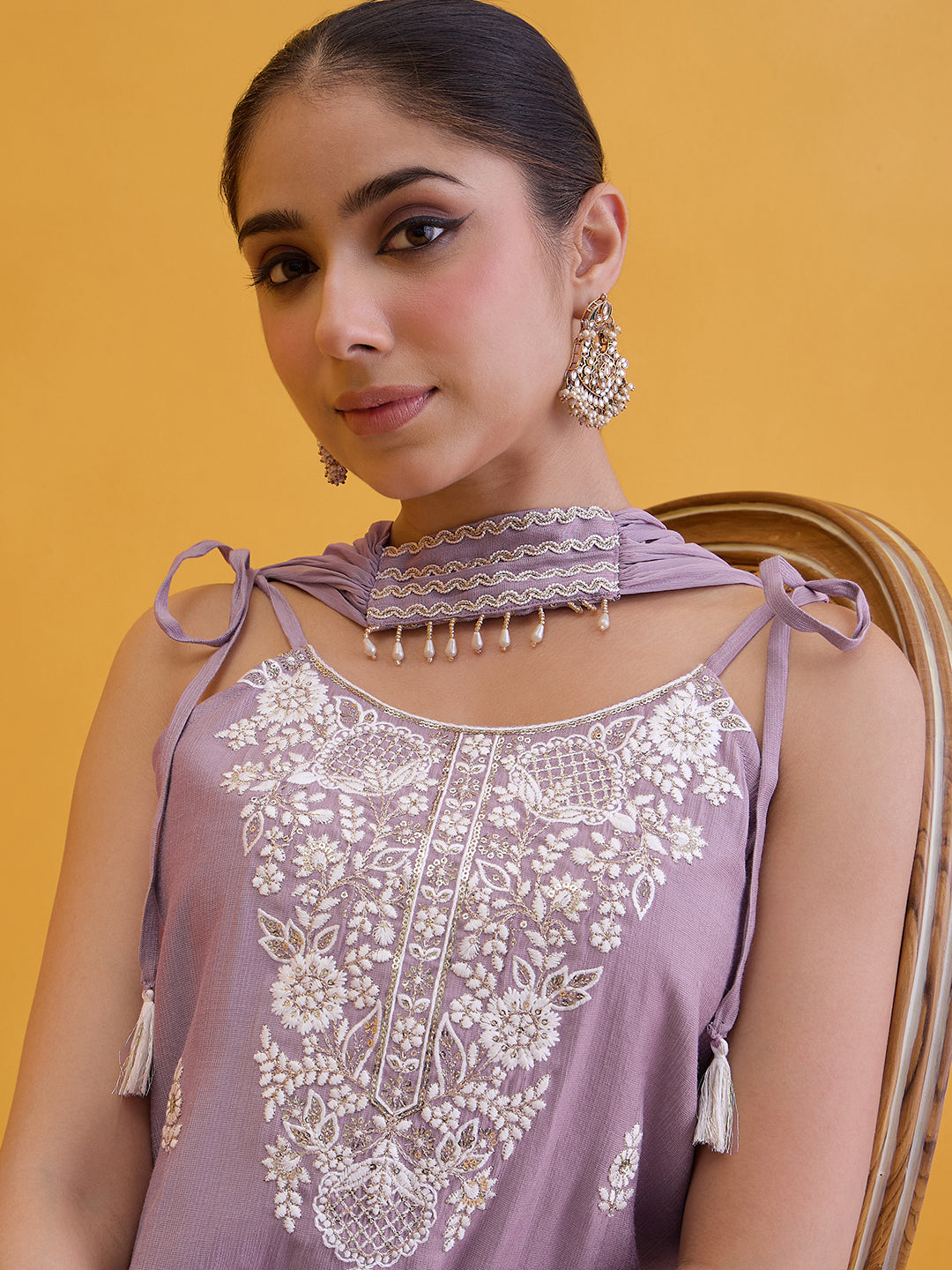 Janasya Women's Lavender Silk Blend Floral Embroidered Straight Kurta with Sharara and Choker Dupatta Set