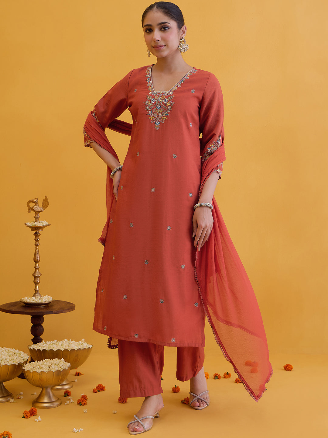 Janasya Women's Rust Silk Blend Floral Embroidered Straight Kurta Set