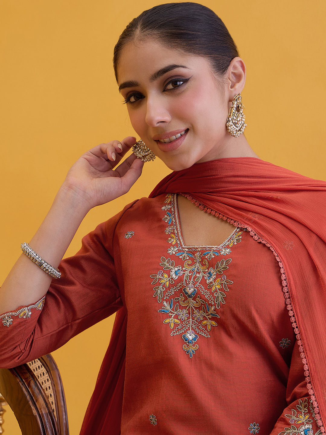 Janasya Women's Rust Silk Blend Floral Embroidered Straight Kurta Set