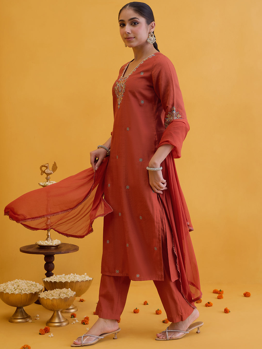 Janasya Women's Rust Silk Blend Floral Embroidered Straight Kurta Set
