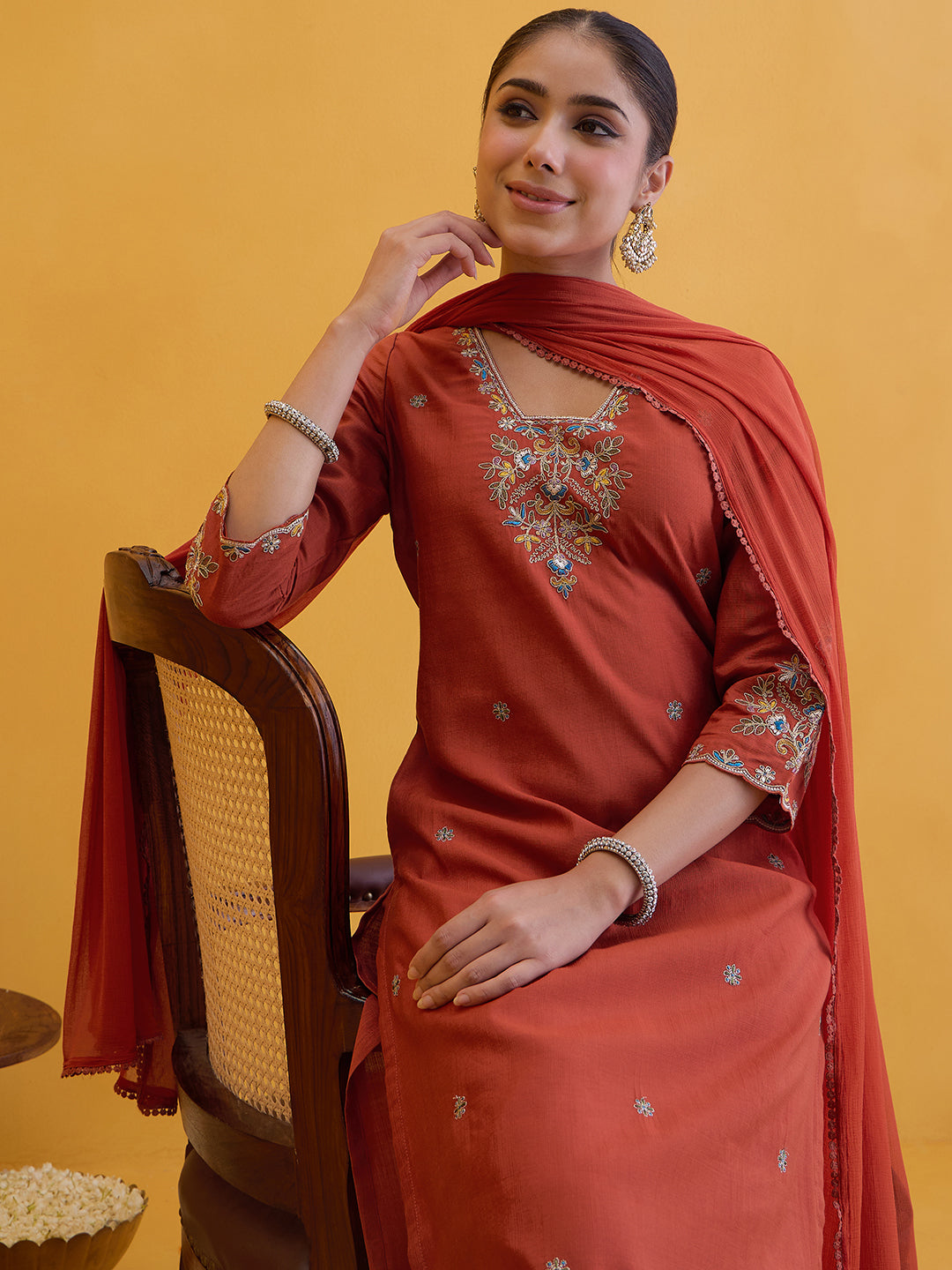 Janasya Women's Rust Silk Blend Floral Embroidered Straight Kurta Set