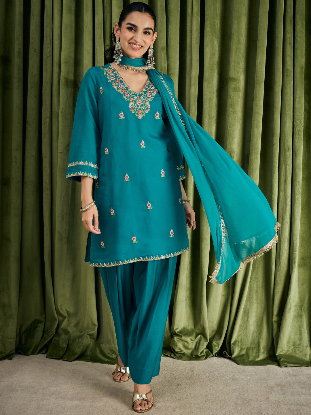 Janasya Women's Turquoise Blue Chanderi Silk Floral Embroidered Straight Kurta with Salwar & Dupatta Set