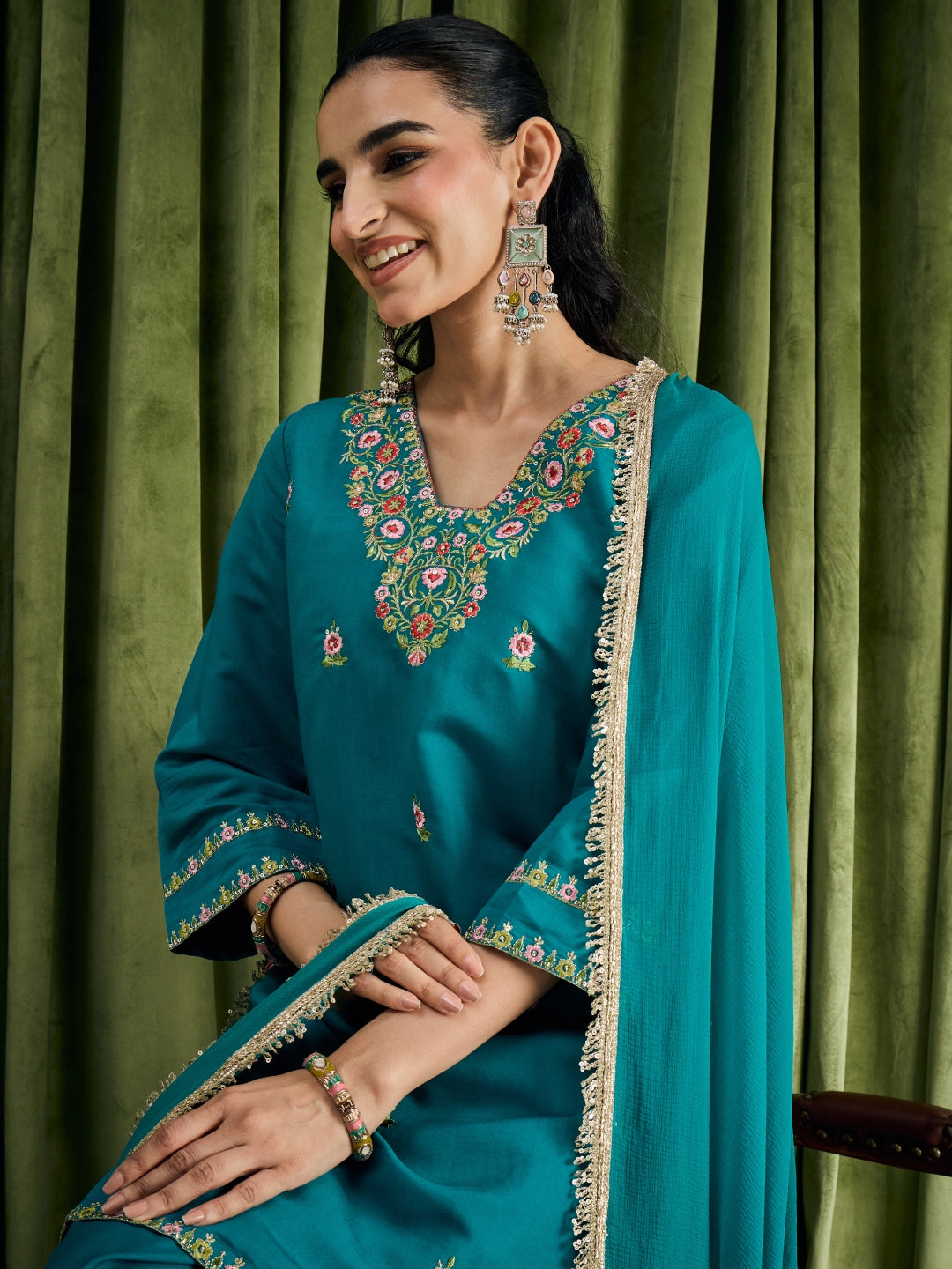 Janasya Women's Turquoise Blue Chanderi Silk Floral Embroidered Straight Kurta with Salwar & Dupatta Set