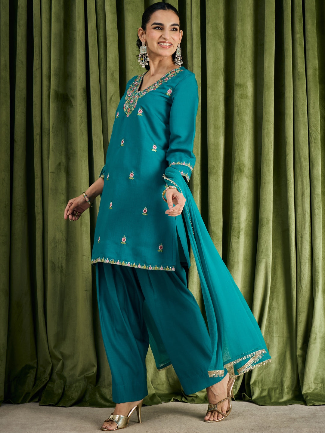 Janasya Women's Turquoise Blue Chanderi Silk Floral Embroidered Straight Kurta with Salwar & Dupatta Set