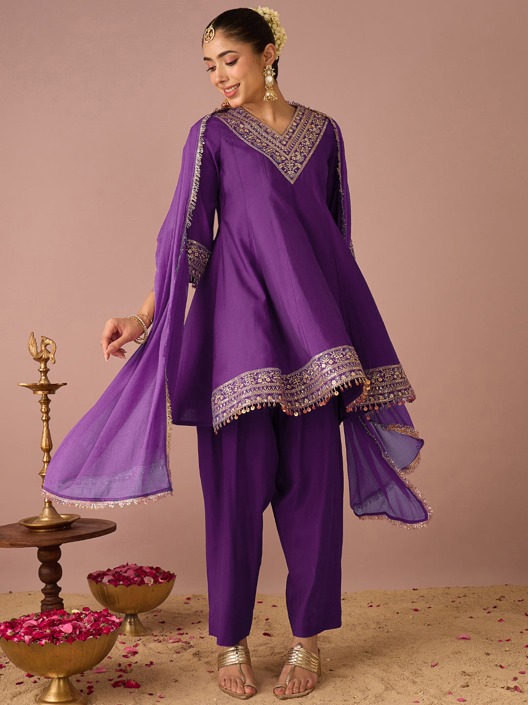 Janasya Women's Purple Chanderi Silk Floral Sequins And Zari Yoke Embroidered A-Line Kurta Salwar Set