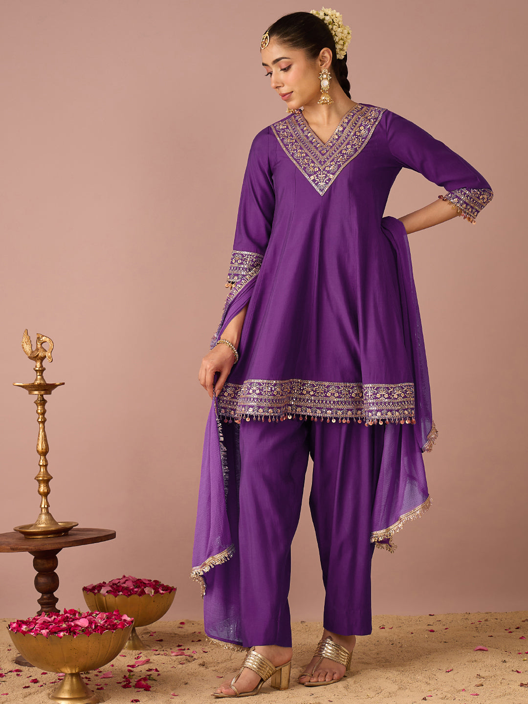 Janasya Women's Purple Chanderi Silk Floral Sequins And Zari Yoke Embroidered A-Line Kurta Salwar Set