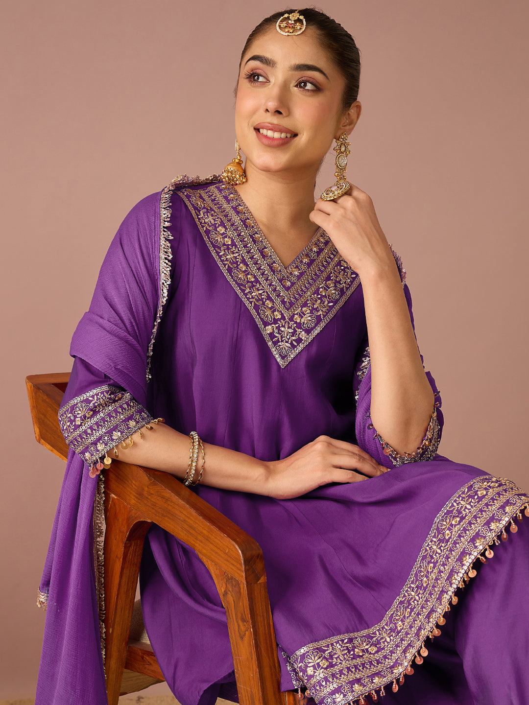Janasya Women's Purple Chanderi Silk Floral Sequins And Zari Yoke Embroidered A-Line Kurta Salwar Set