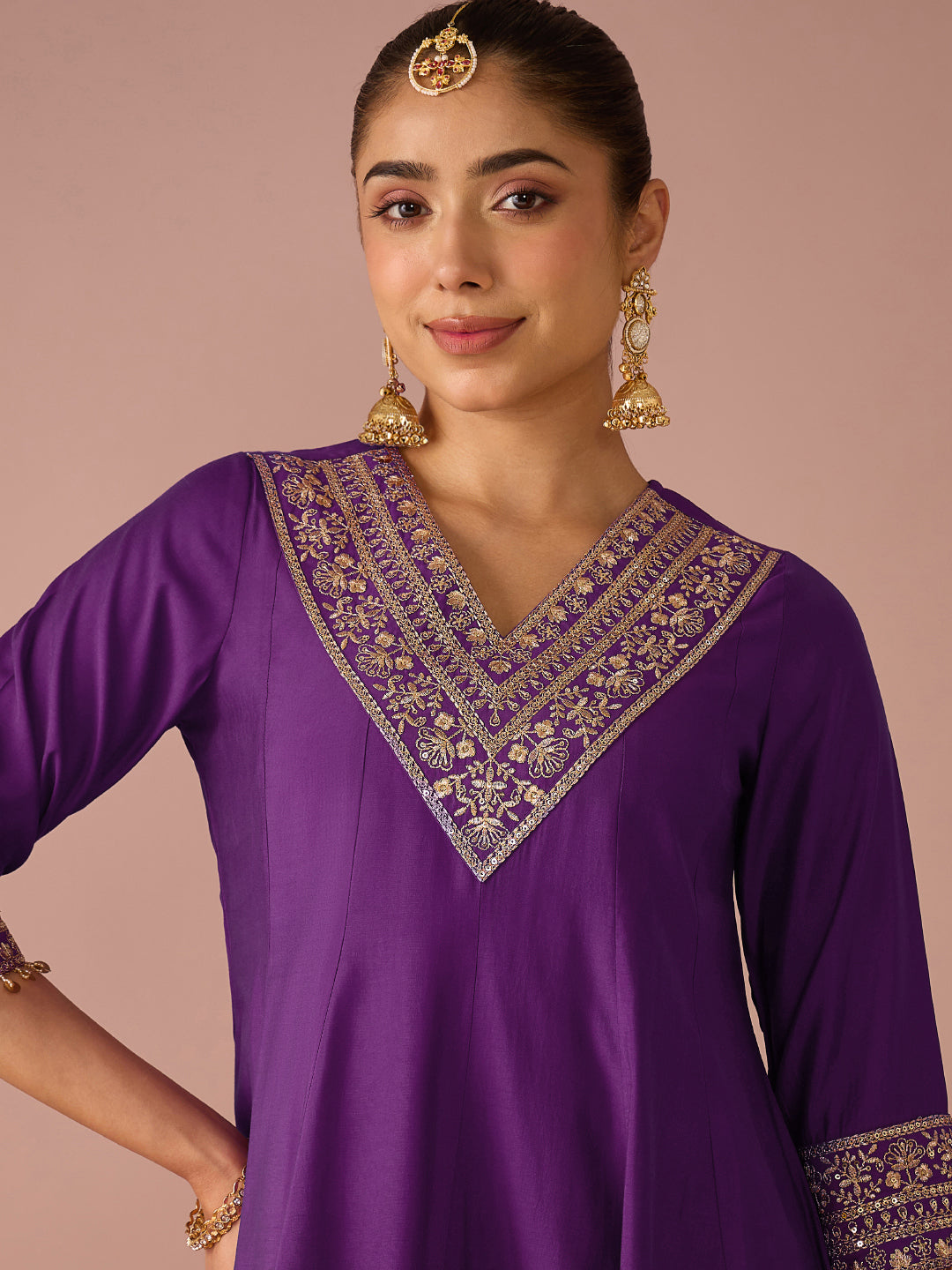 Janasya Women's Purple Chanderi Silk Floral Sequins And Zari Yoke Embroidered A-Line Kurta Salwar Set