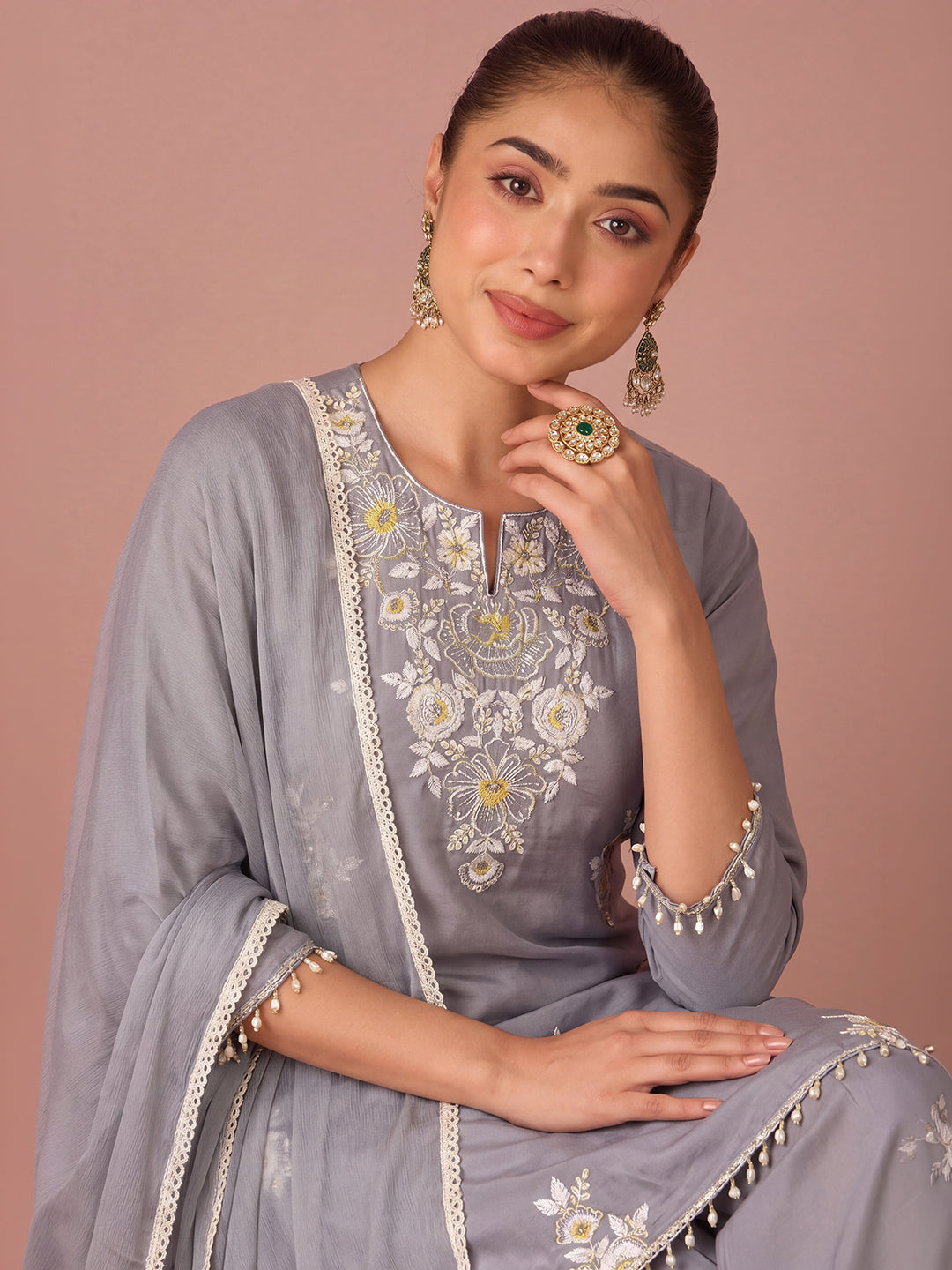 Janasya Women's Grey Chanderi Silk Floral Sequins Embroidered Straight Kurta Salwar Set