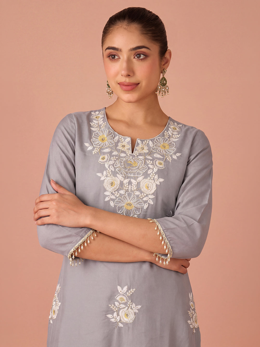 Janasya Women's Grey Chanderi Silk Floral Sequins Embroidered Straight Kurta Salwar Set