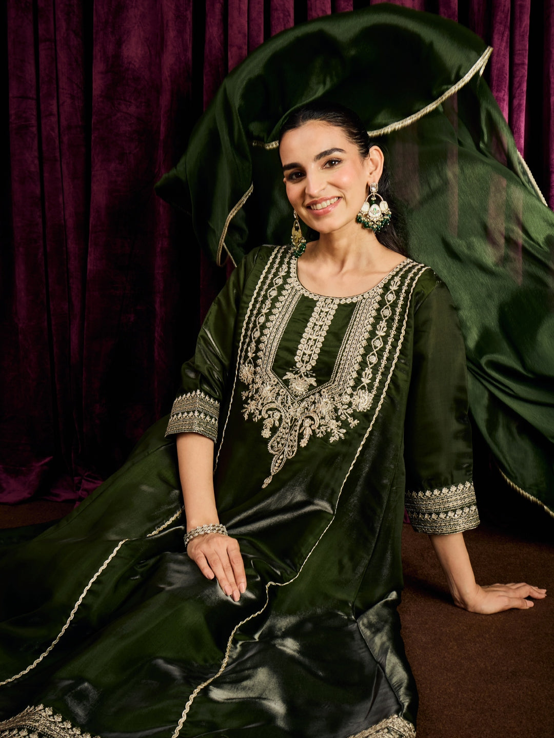 Janasya Women's Olive Green Silk Blend Floral Embroidered Anarkali Kurta Set