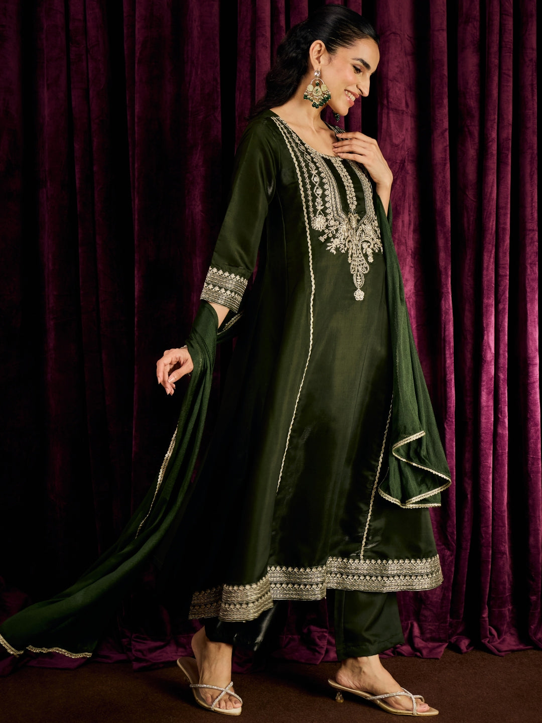 Janasya Women's Olive Green Silk Blend Floral Embroidered Anarkali Kurta Set