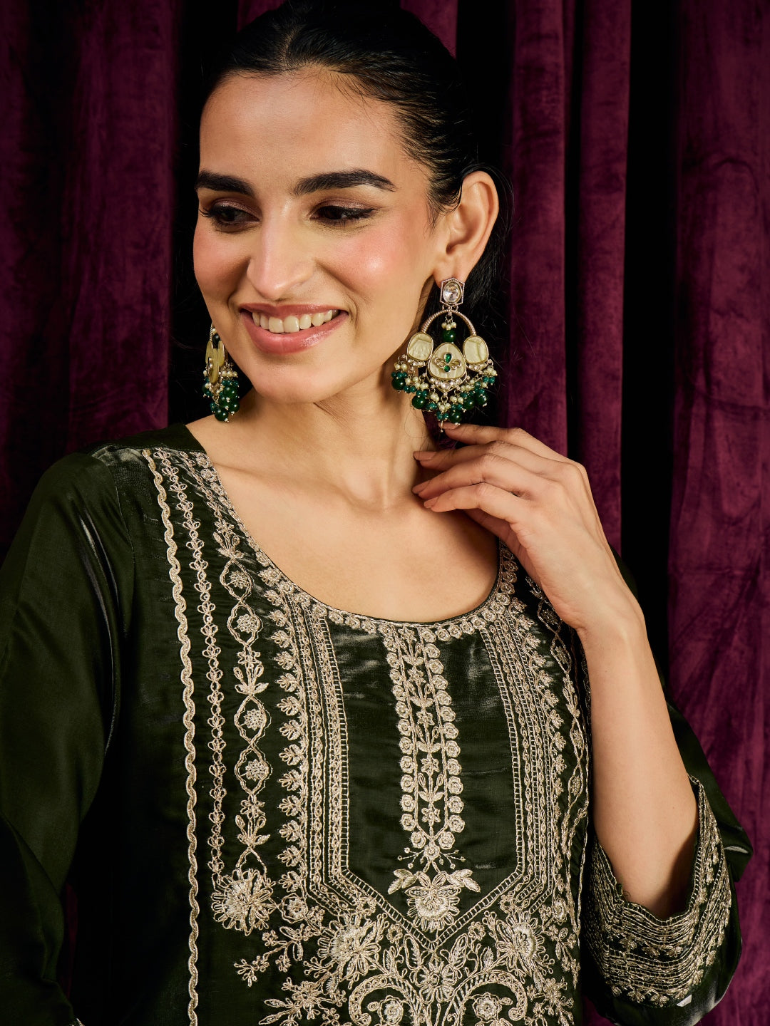 Janasya Women's Olive Green Silk Blend Floral Embroidered Anarkali Kurta Set
