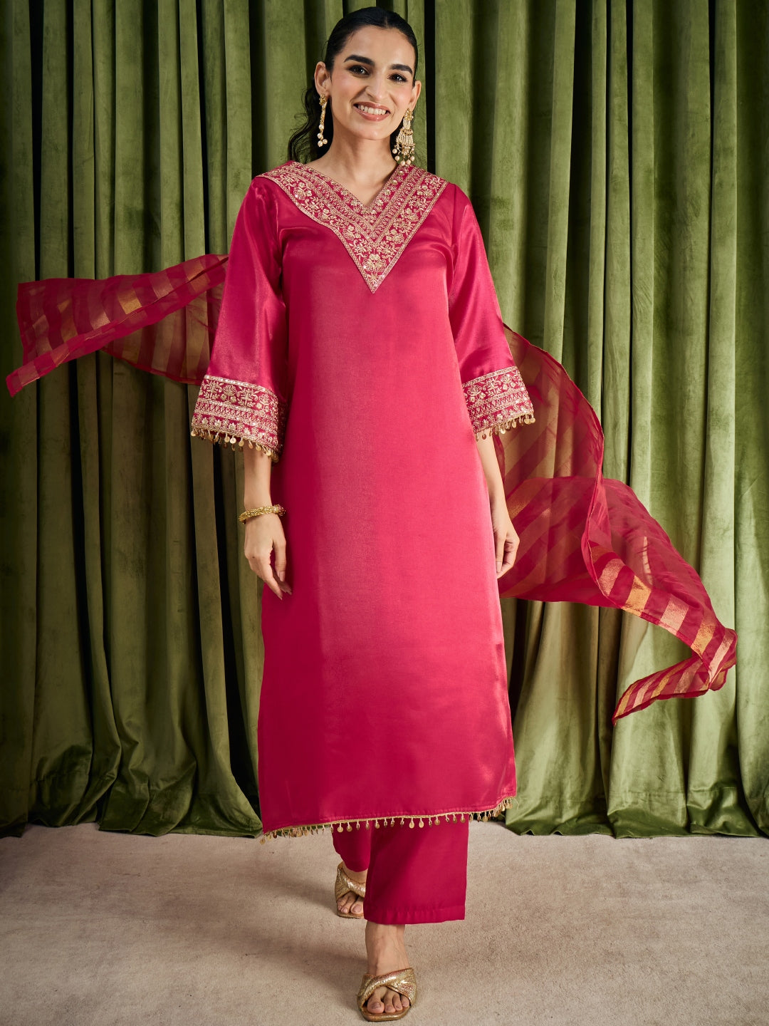 Janasya Women's Pink Silk Blend Floral Yoke Embroidered Straight Kurta Set