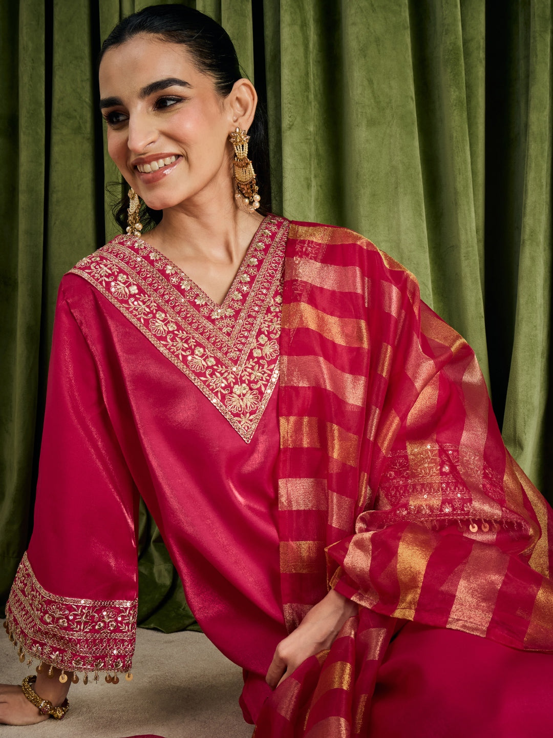 Janasya Women's Pink Silk Blend Floral Yoke Embroidered Straight Kurta Set