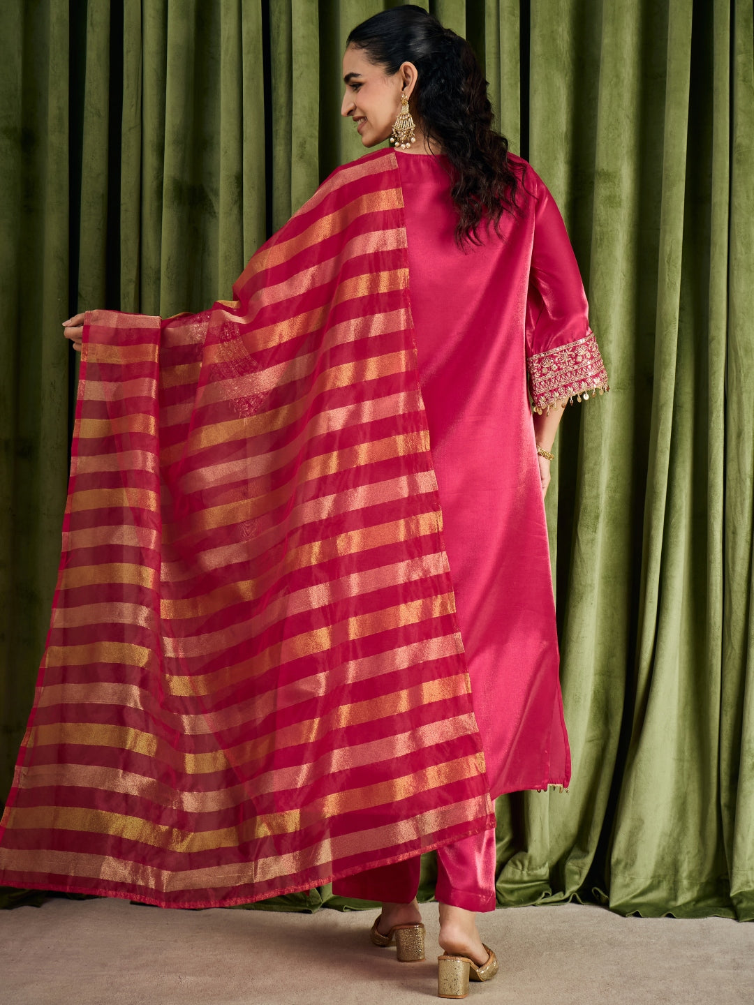 Janasya Women's Pink Silk Blend Floral Yoke Embroidered Straight Kurta Set