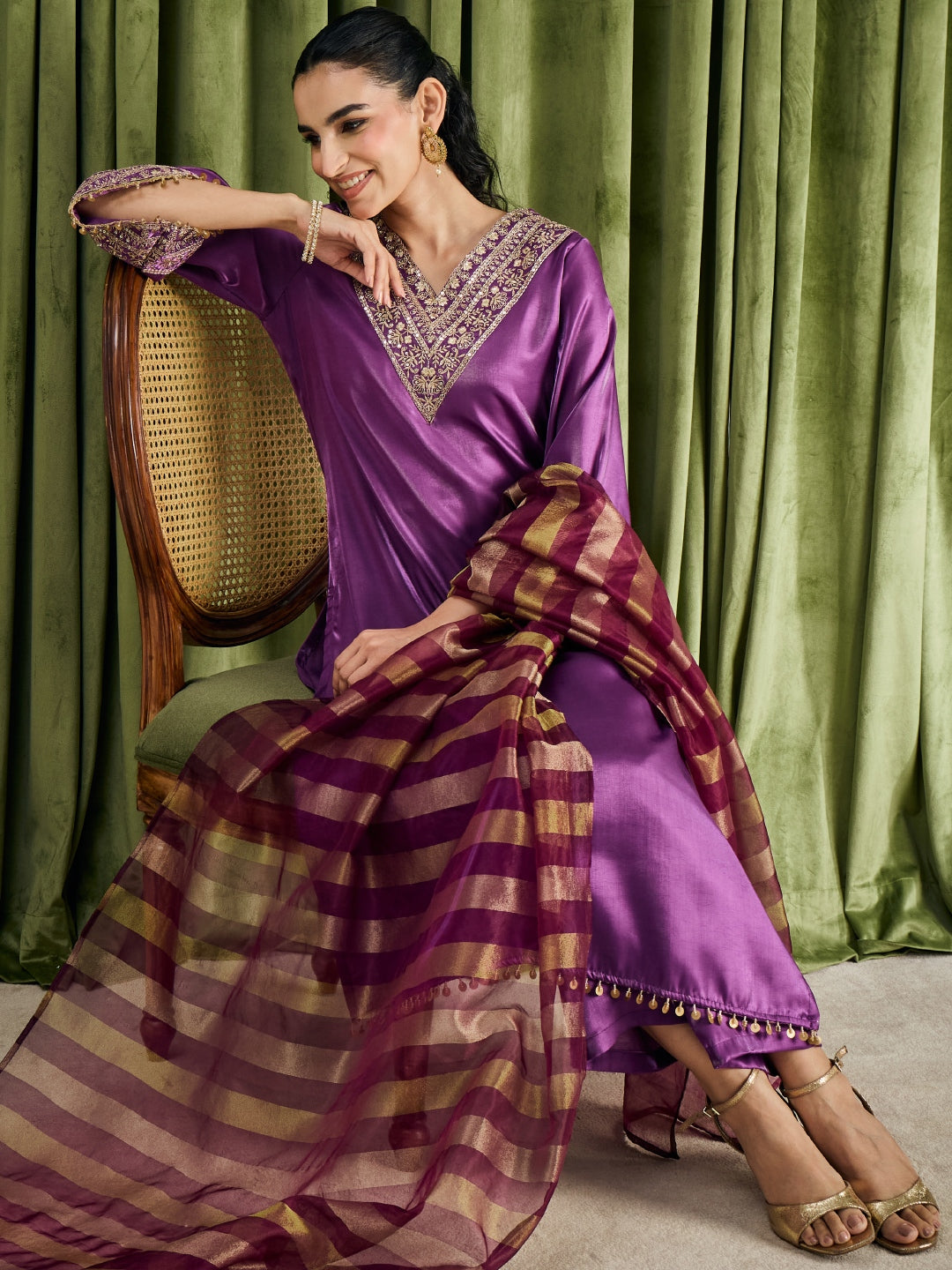 Janasya Women's Purple Silk Blend Floral Yoke Embroidered Straight Kurta Set