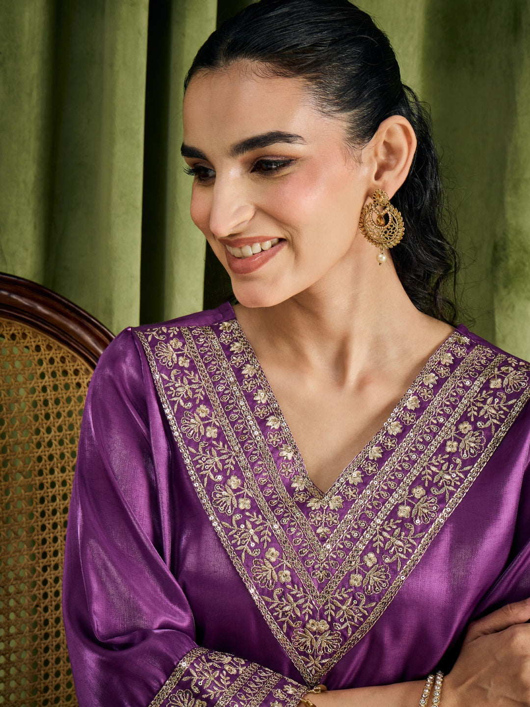 Janasya Women's Purple Silk Blend Floral Yoke Embroidered Straight Kurta Set