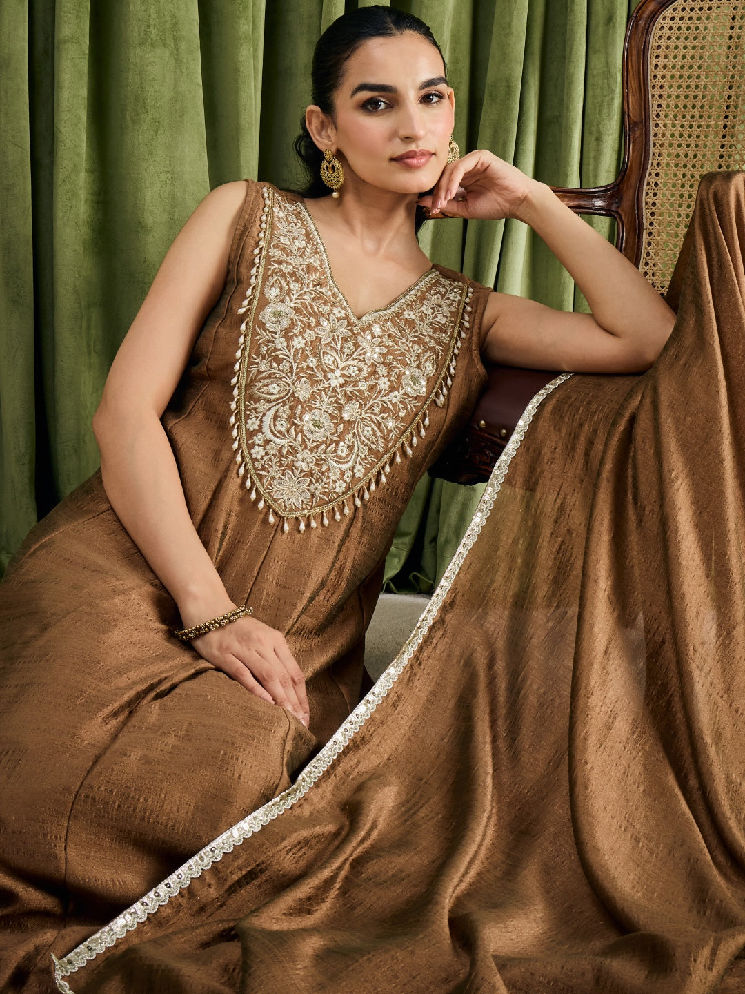 Janasya Women's Bronze Silk Blend Beads Zari Yoke Embroidered Anarkali Set