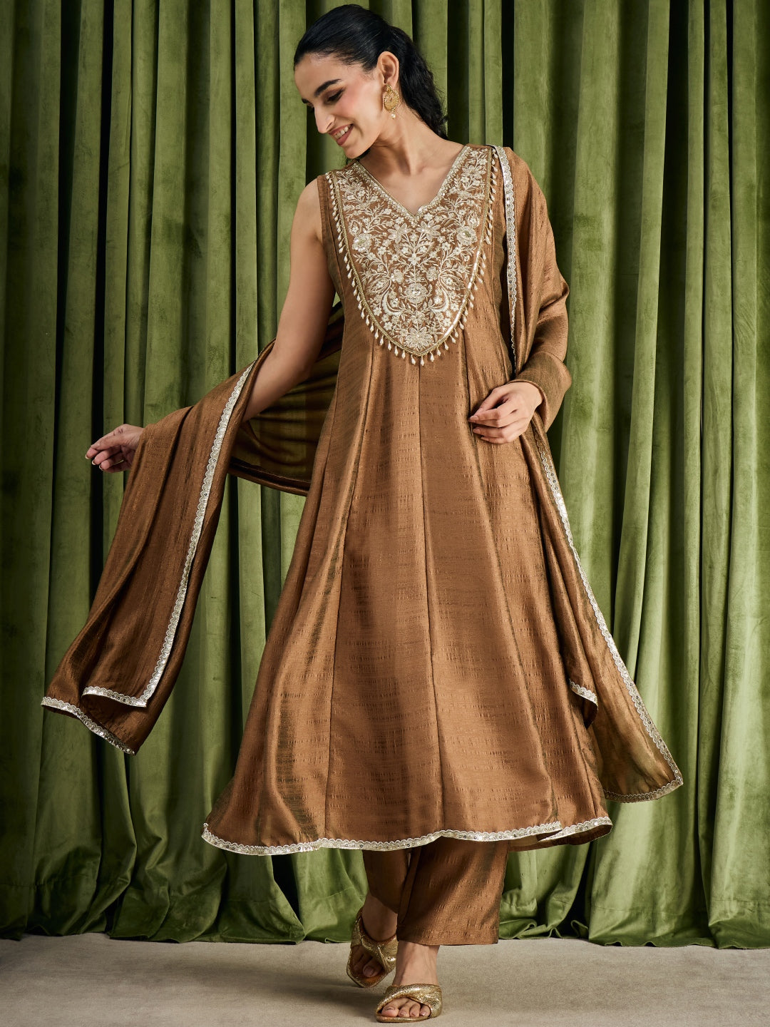 Janasya Women's Bronze Silk Blend Beads Zari Yoke Embroidered Anarkali Set