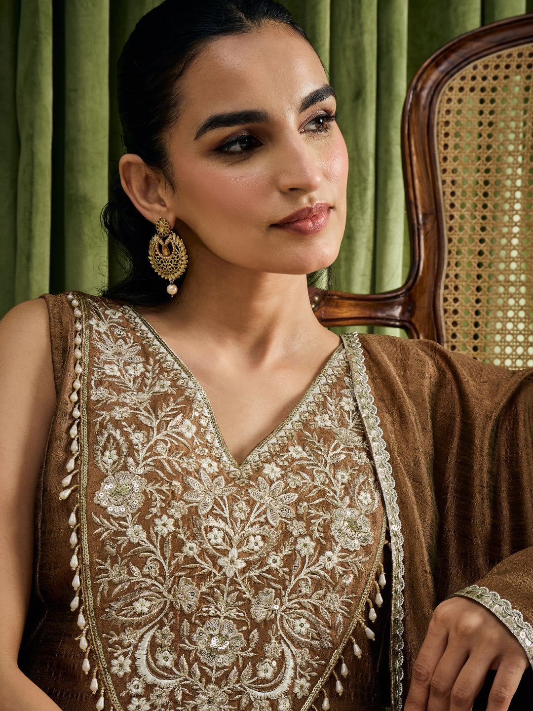 Janasya Women's Bronze Silk Blend Beads Zari Yoke Embroidered Anarkali Set