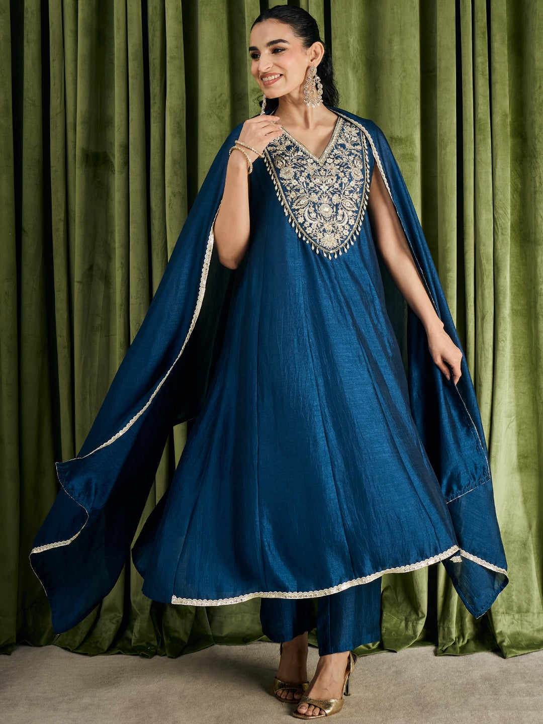 Janasya Women's Teal Blue Silk Blend Sequins And Beads Yoke Embroidered Anarkali Kurta Set