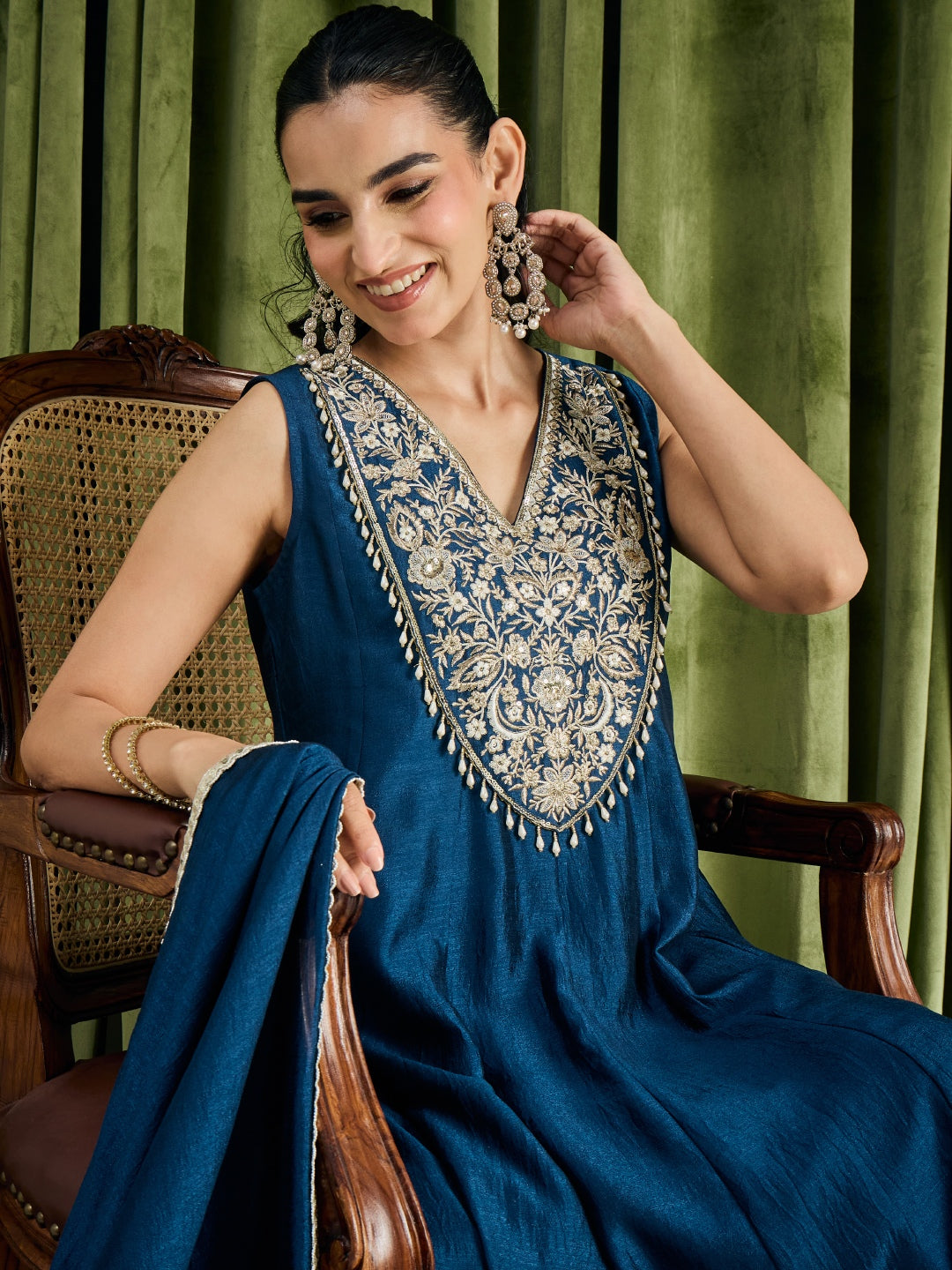 Janasya Women's Teal Blue Silk Blend Sequins And Beads Yoke Embroidered Anarkali Kurta Set