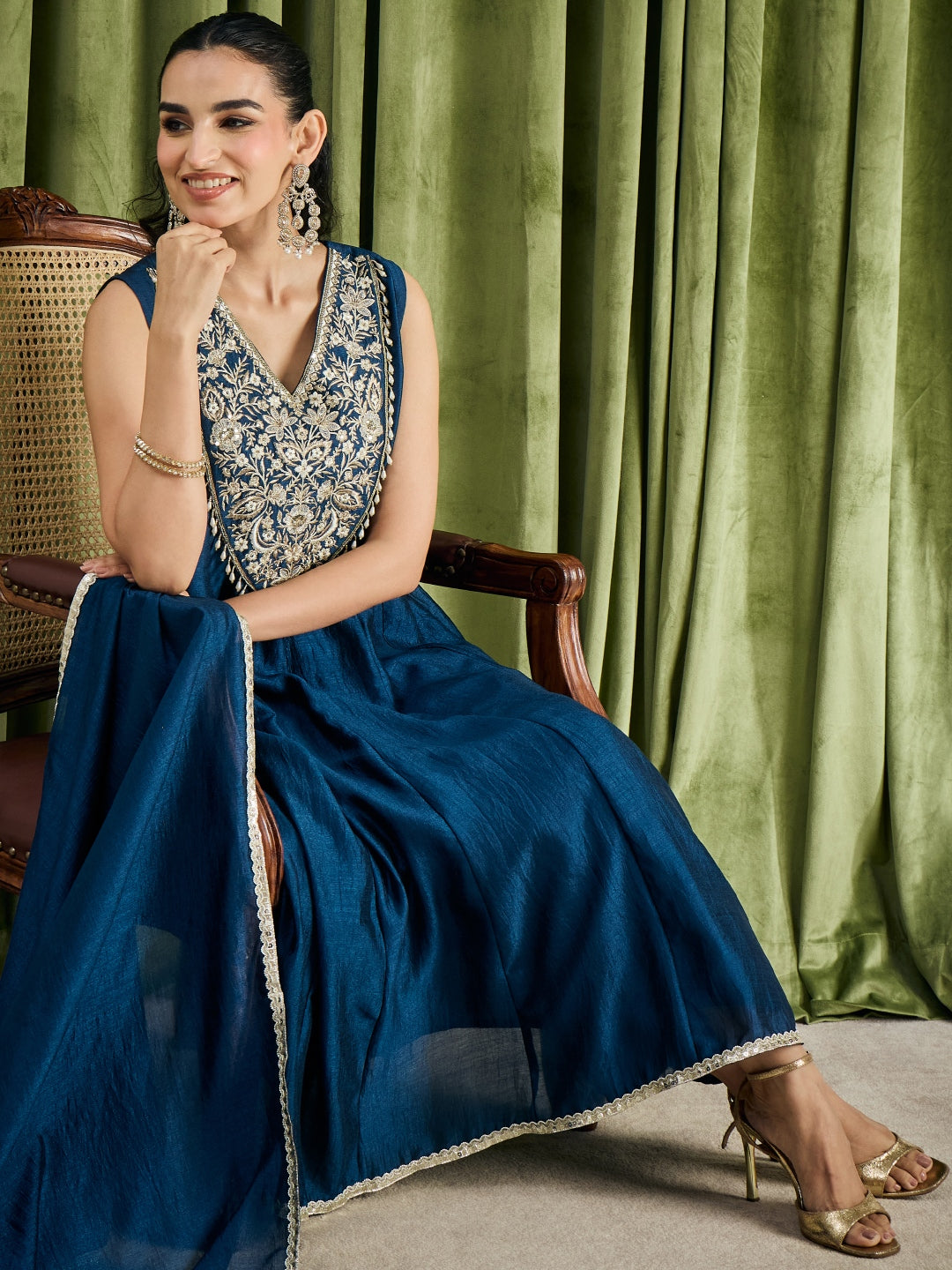 Janasya Women's Teal Blue Silk Blend Sequins And Beads Yoke Embroidered Anarkali Kurta Set