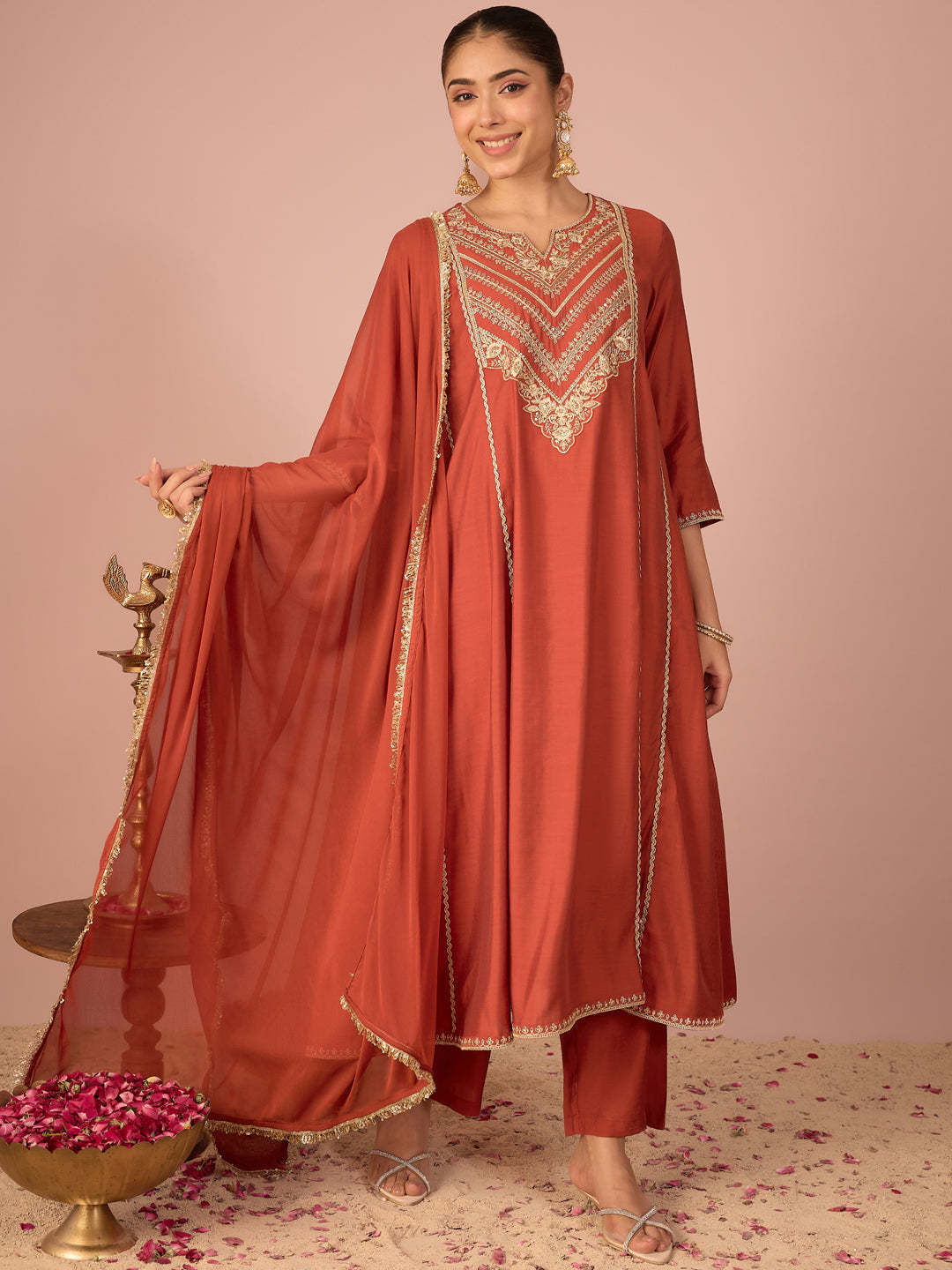 Janasya Women's Rust Chanderi Silk Floral Sequins and Zari Embroidered Anarkali Kurta Set