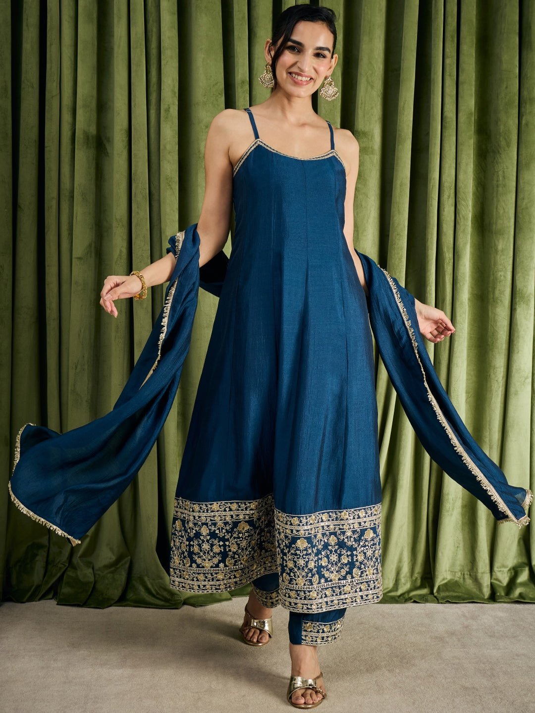 Janasya Women's Teal Blue Silk Blend Floral Zari Embroidered Anarkali Kurta Set