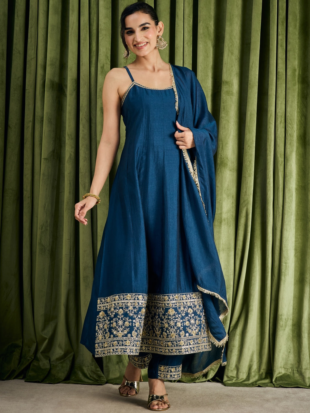 Janasya Women's Teal Blue Silk Blend Floral Zari Embroidered Anarkali Kurta Set