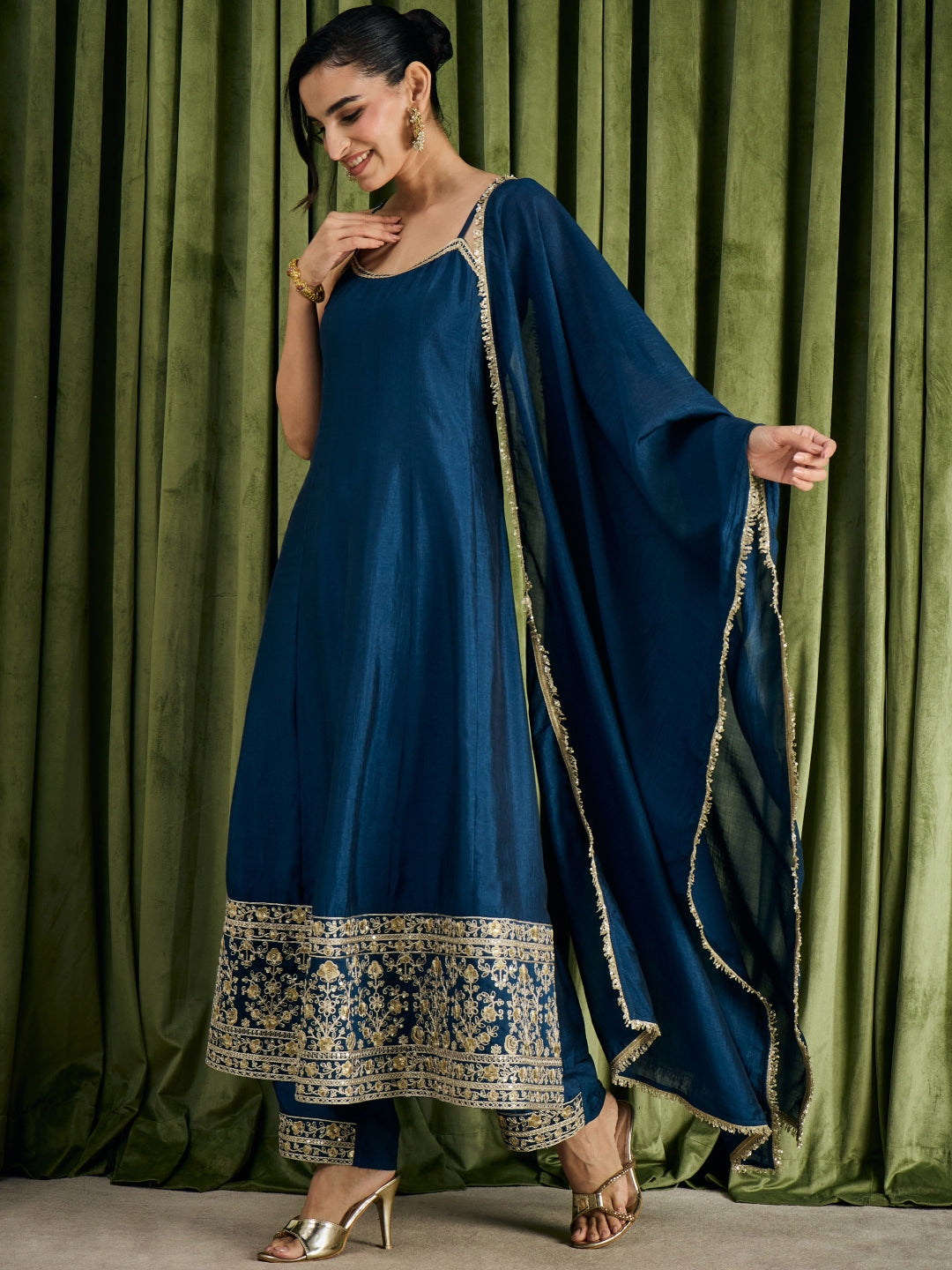 Janasya Women's Teal Blue Silk Blend Floral Zari Embroidered Anarkali Kurta Set