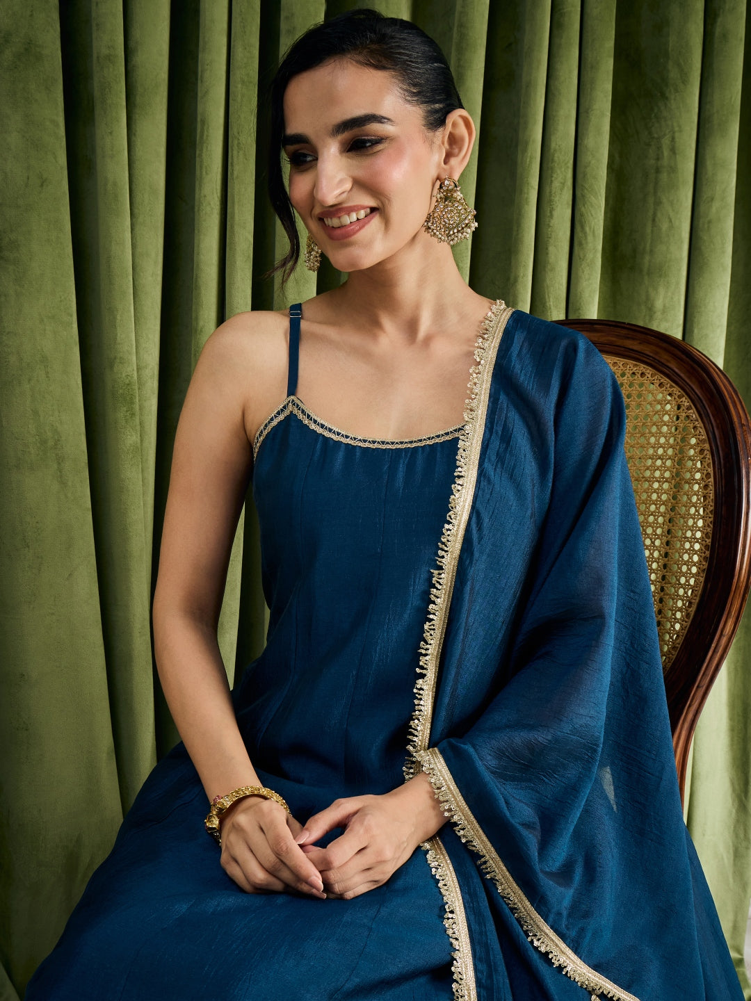 Janasya Women's Teal Blue Silk Blend Floral Zari Embroidered Anarkali Kurta Set