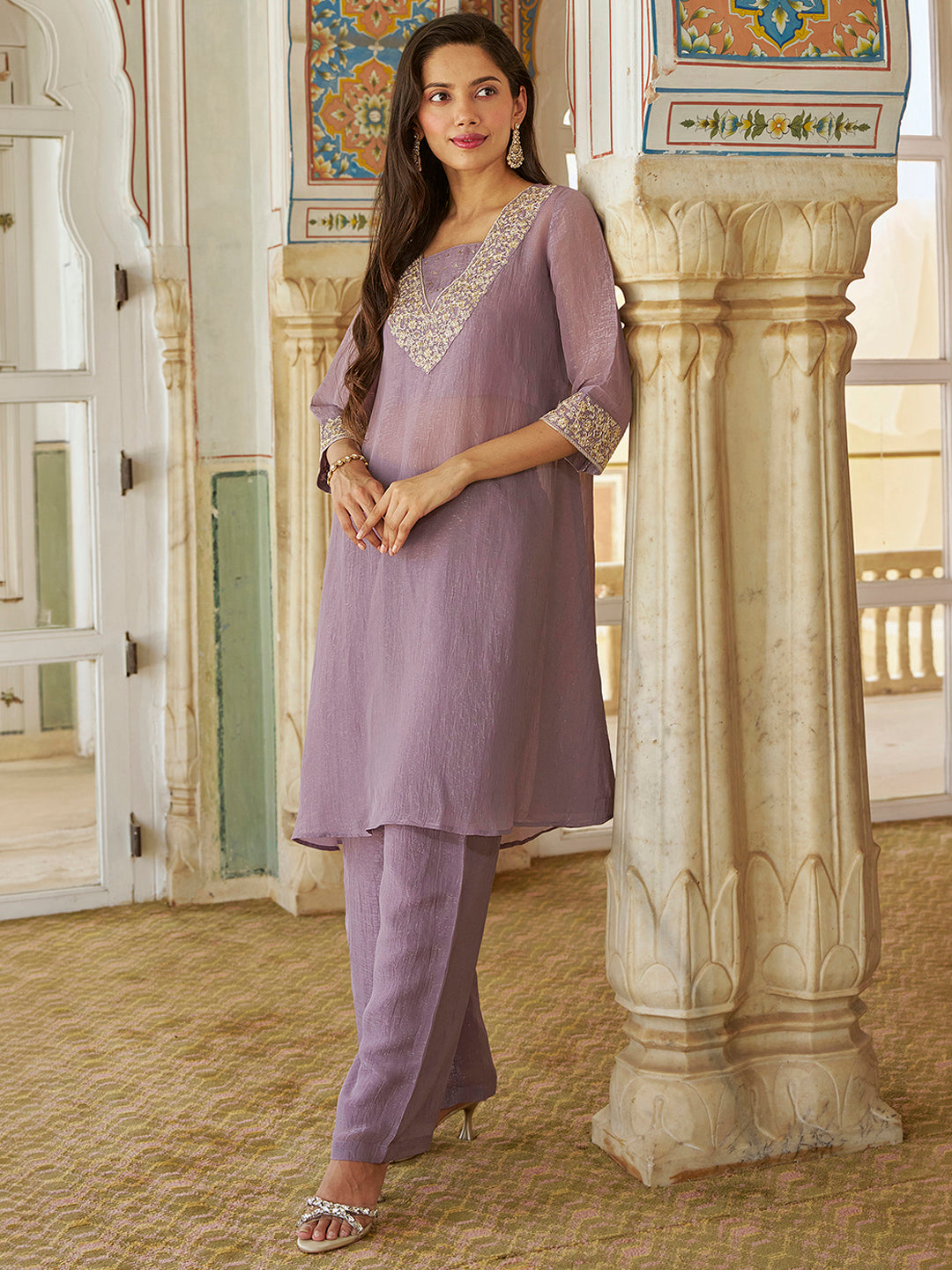 Janasya Women's Lavender Silk Blend Yoke Embroidered A-Line Kurta Pant with Inner Set