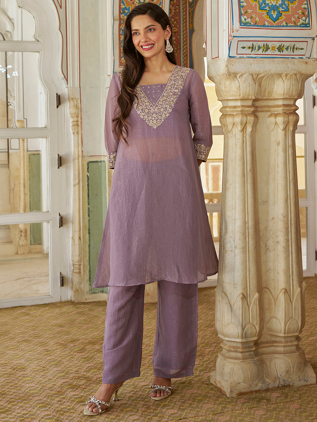 Janasya Women's Lavender Silk Blend Yoke Embroidered A-Line Kurta Pant with Inner Set