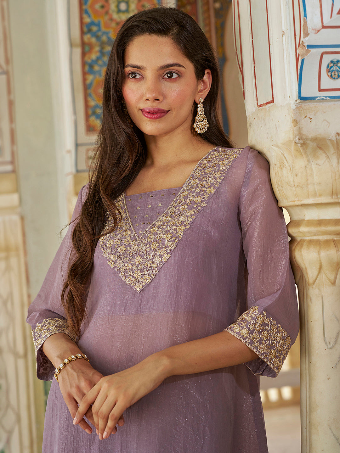 Janasya Women's Lavender Silk Blend Yoke Embroidered A-Line Kurta Pant with Inner Set