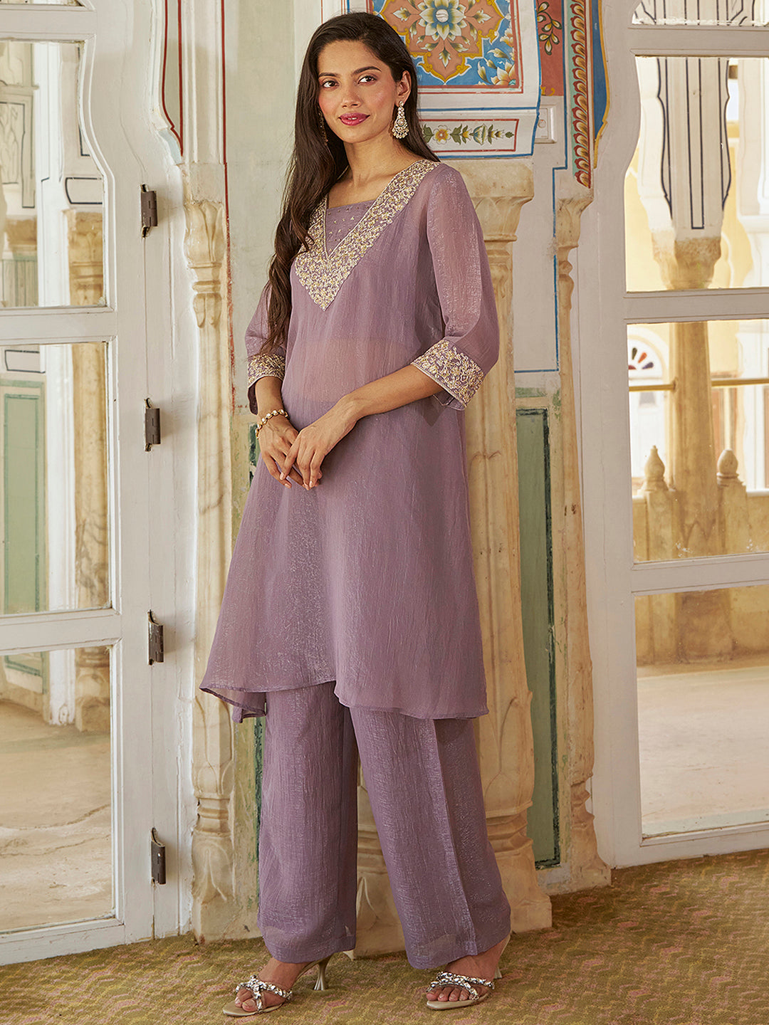 Janasya Women's Lavender Silk Blend Yoke Embroidered A-Line Kurta Pant with Inner Set