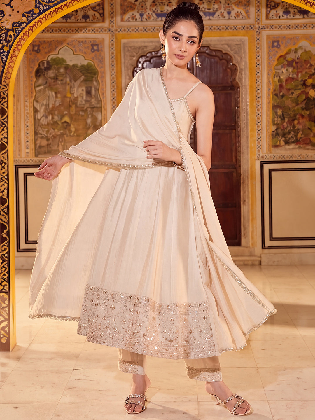 Janasya Women's Beige Silk Blend Floral Embroidered Anarkali Kurta Set