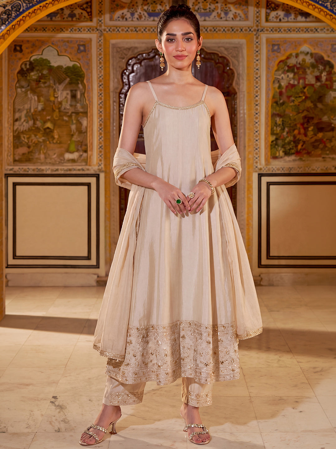 Janasya Women's Beige Silk Blend Floral Embroidered Anarkali Kurta Set
