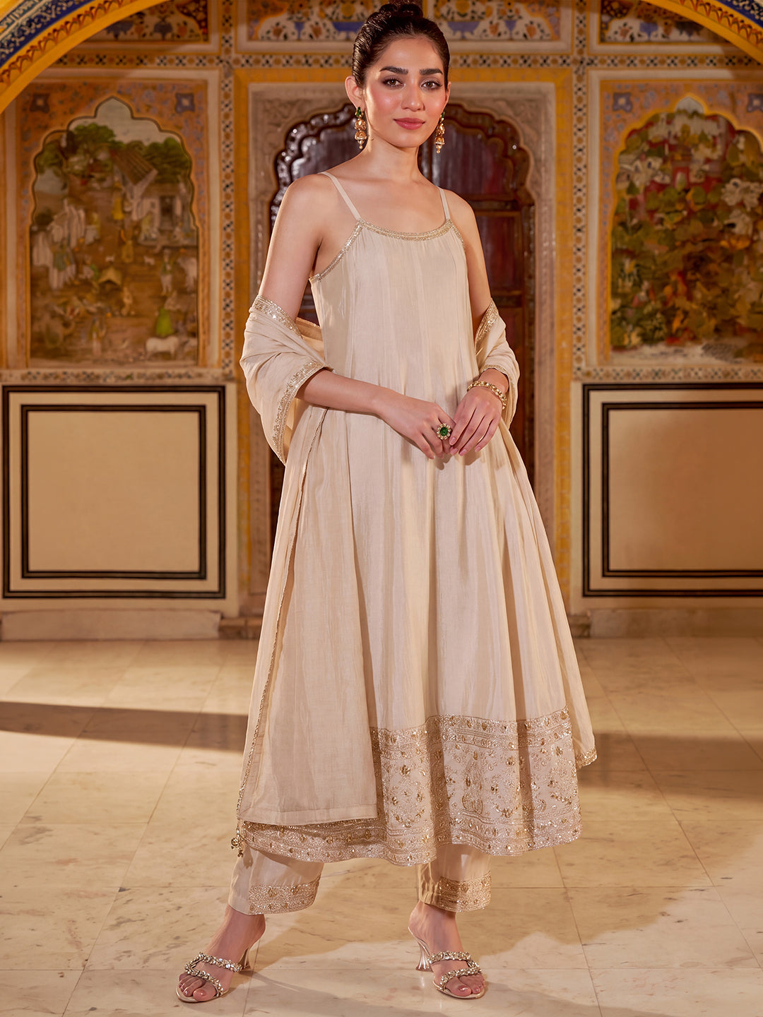Janasya Women's Beige Silk Blend Floral Embroidered Anarkali Kurta Set