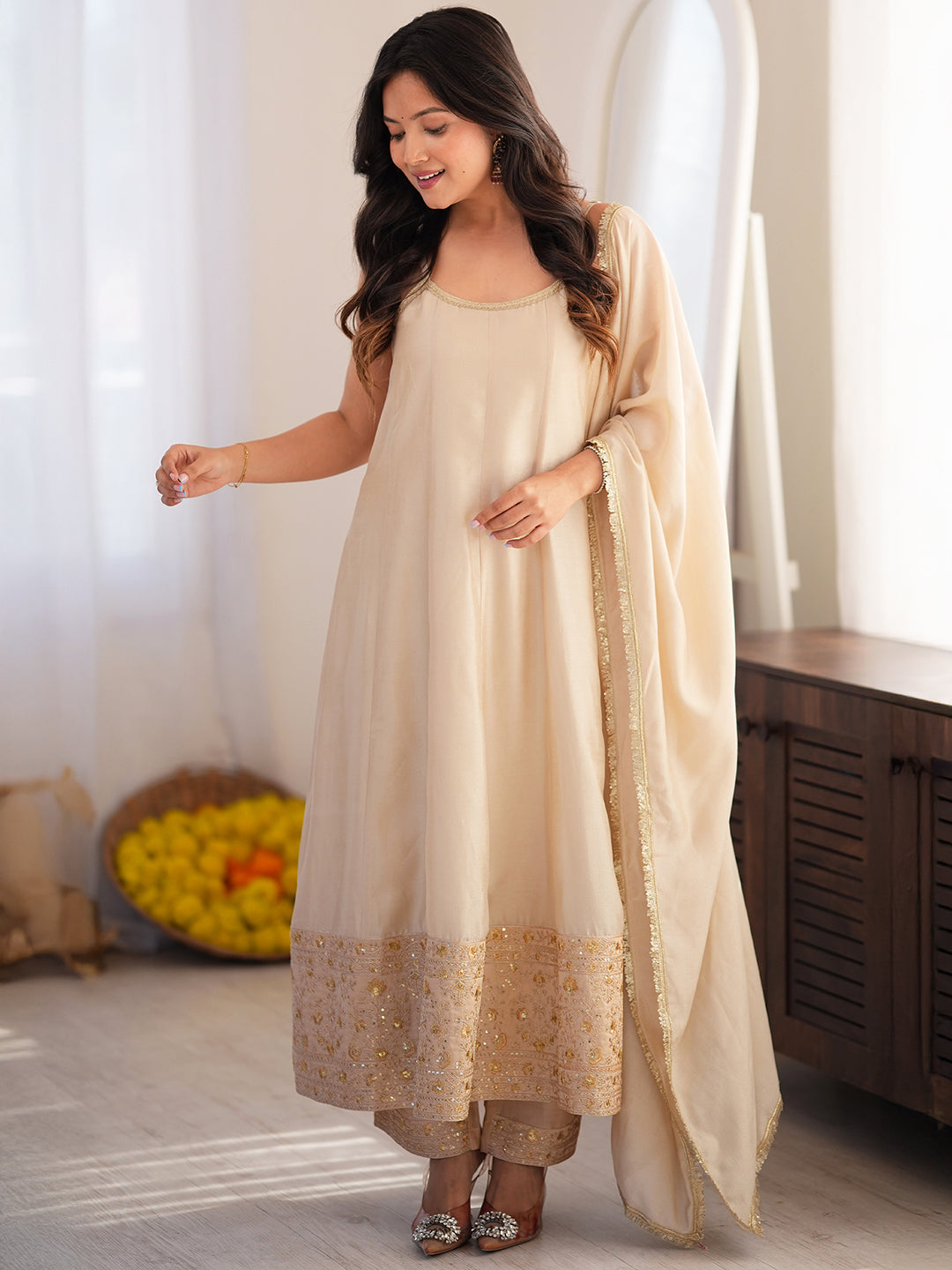 Janasya Women's Beige Silk Blend Floral Embroidered Anarkali Kurta Set